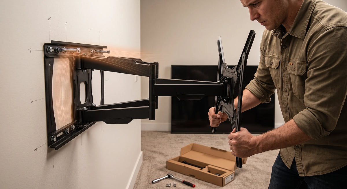 Man testing a TV wall mount weight limit during installation