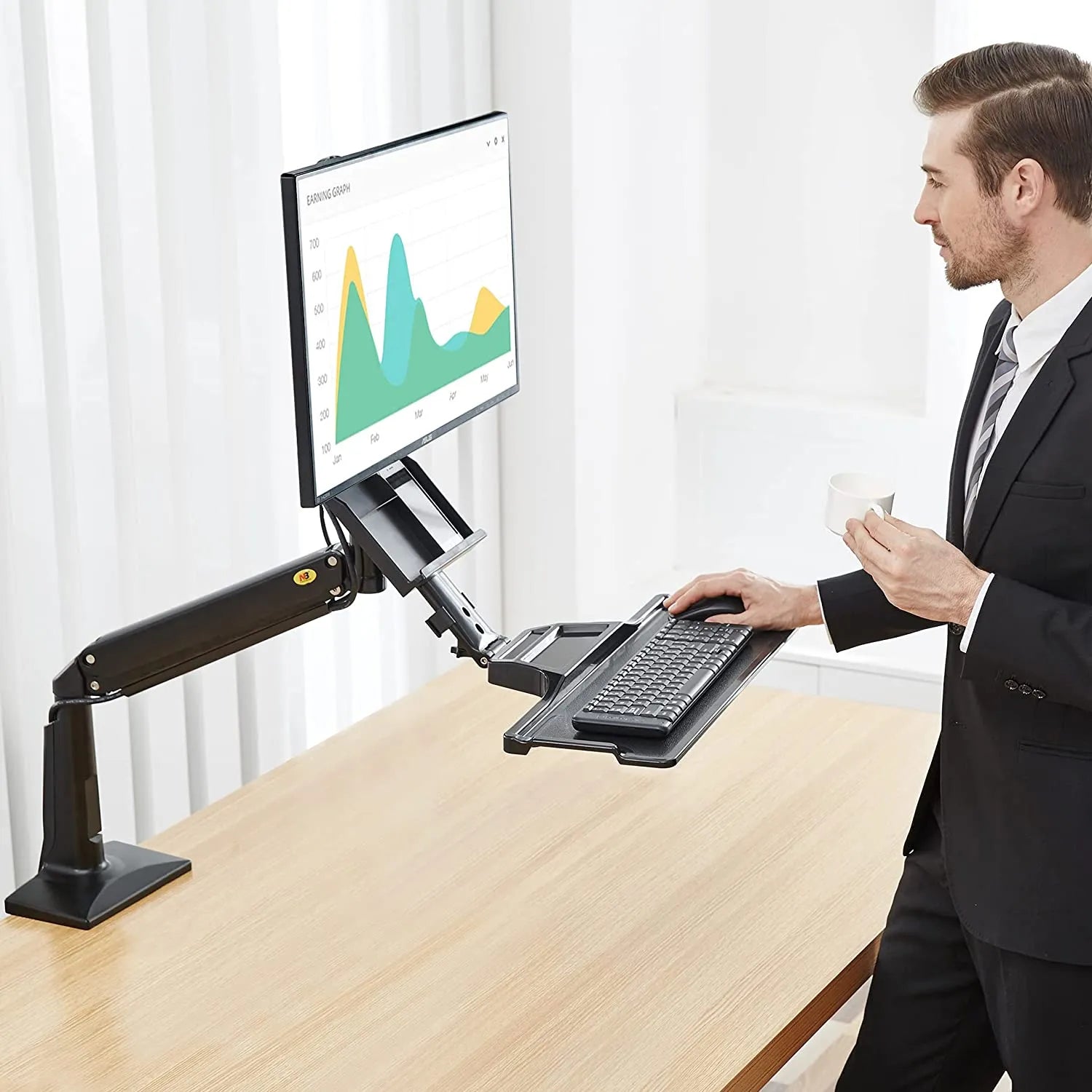North Bayou Sit and Stand Workstation VESA Monitor Desk Mount, Keyboard Tray and Gas Strut Full Motion Swivel Arm NB35