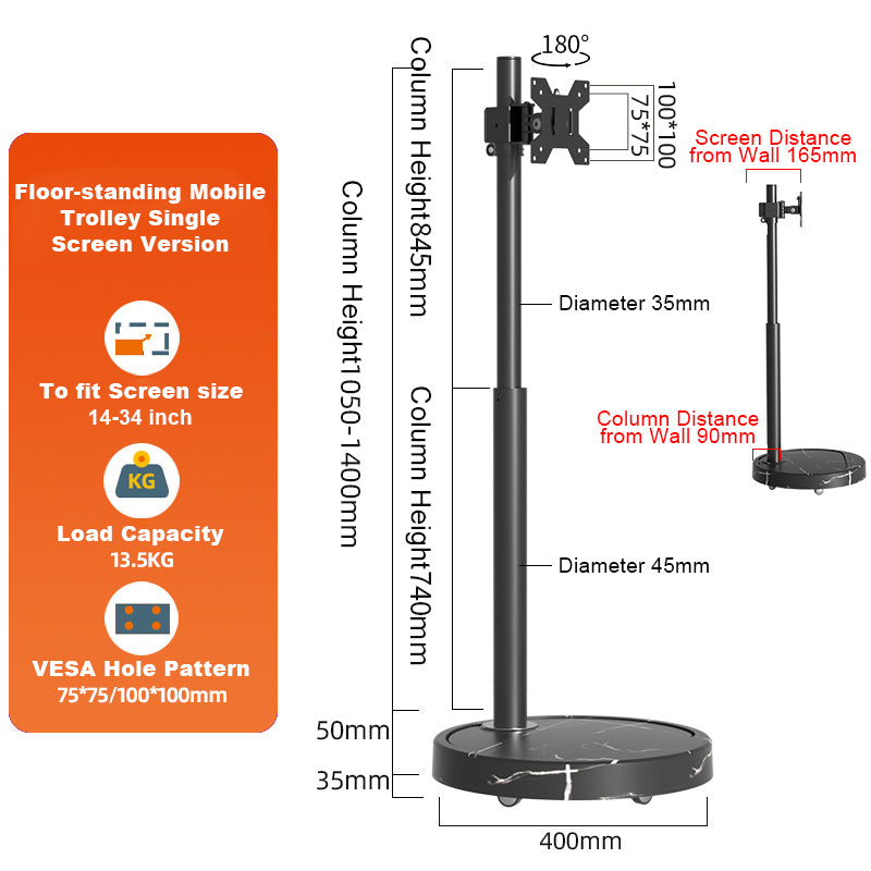 TV Monitor floor mobile stand Mount Bracket black marble base Gas Arm Shelf