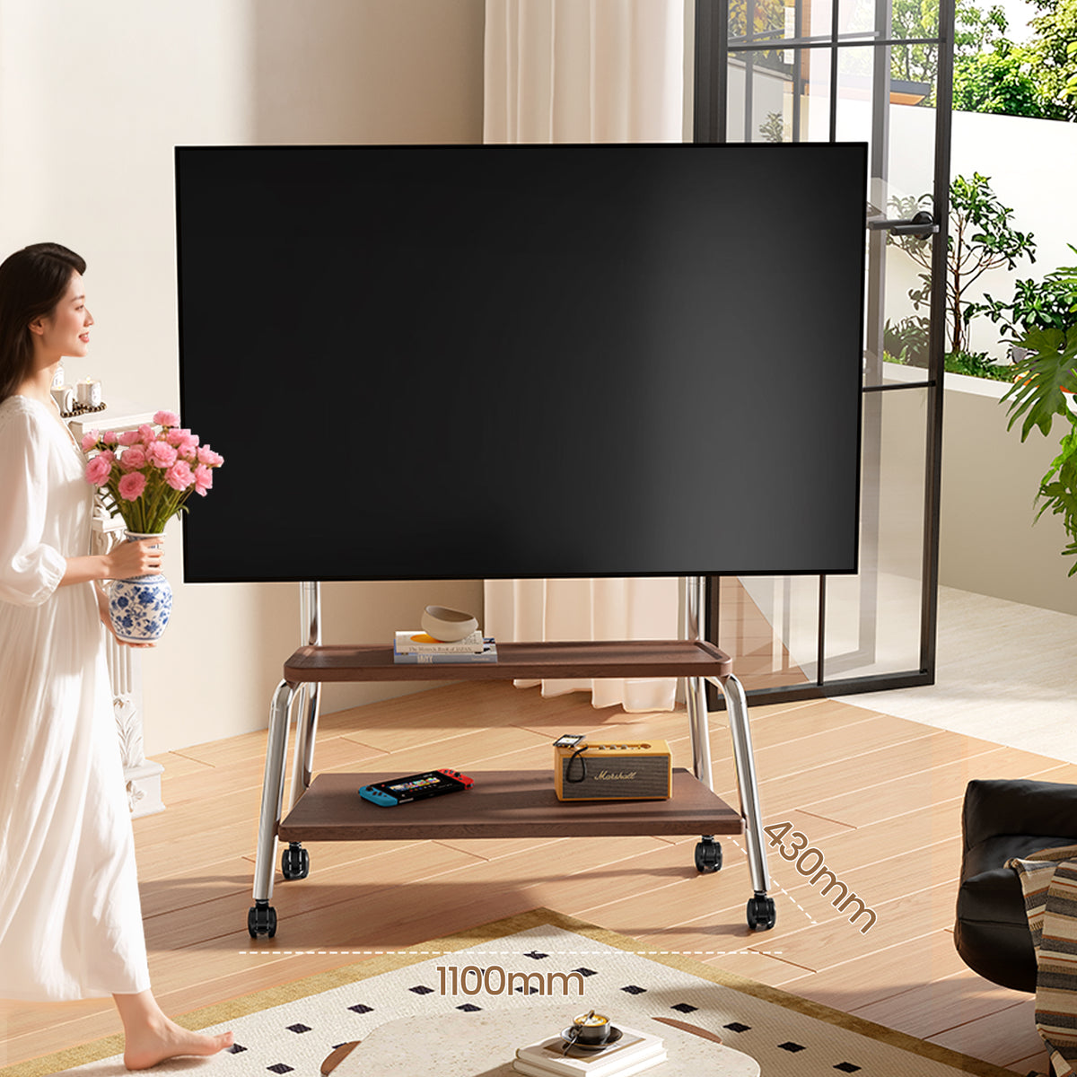 Rolling TV Cart on Lockable Casters, Movable TV Stand, Height Adjustable TV Trolley with Storage Shelf for 32" to 90" Screens