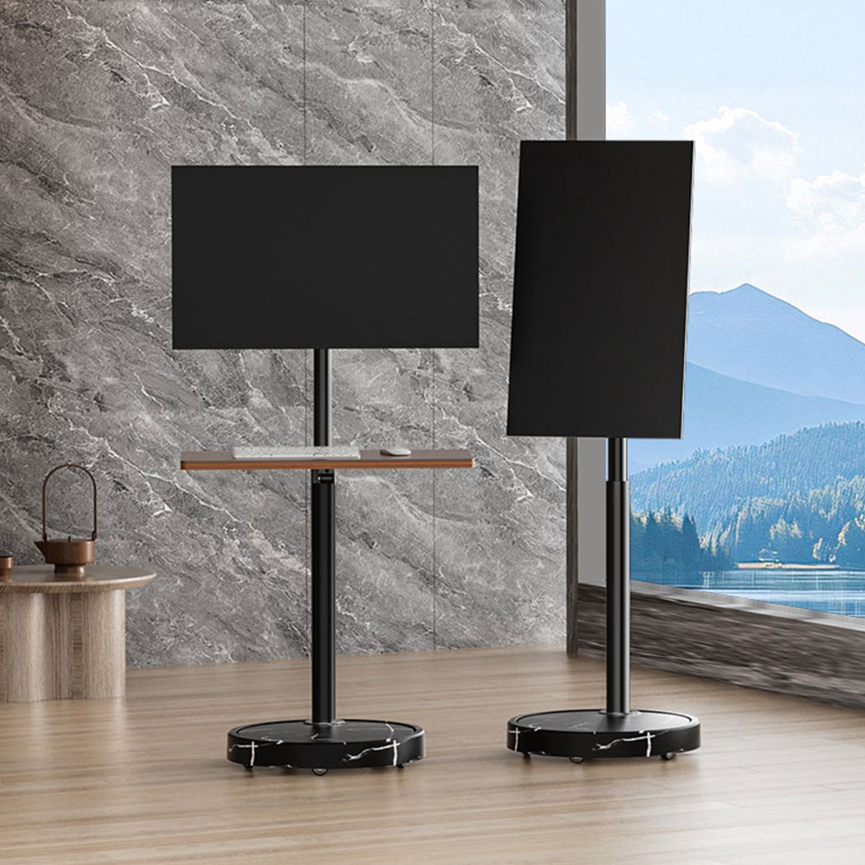 TV Monitor floor mobile stand Mount Bracket black marble base Gas Arm Shelf