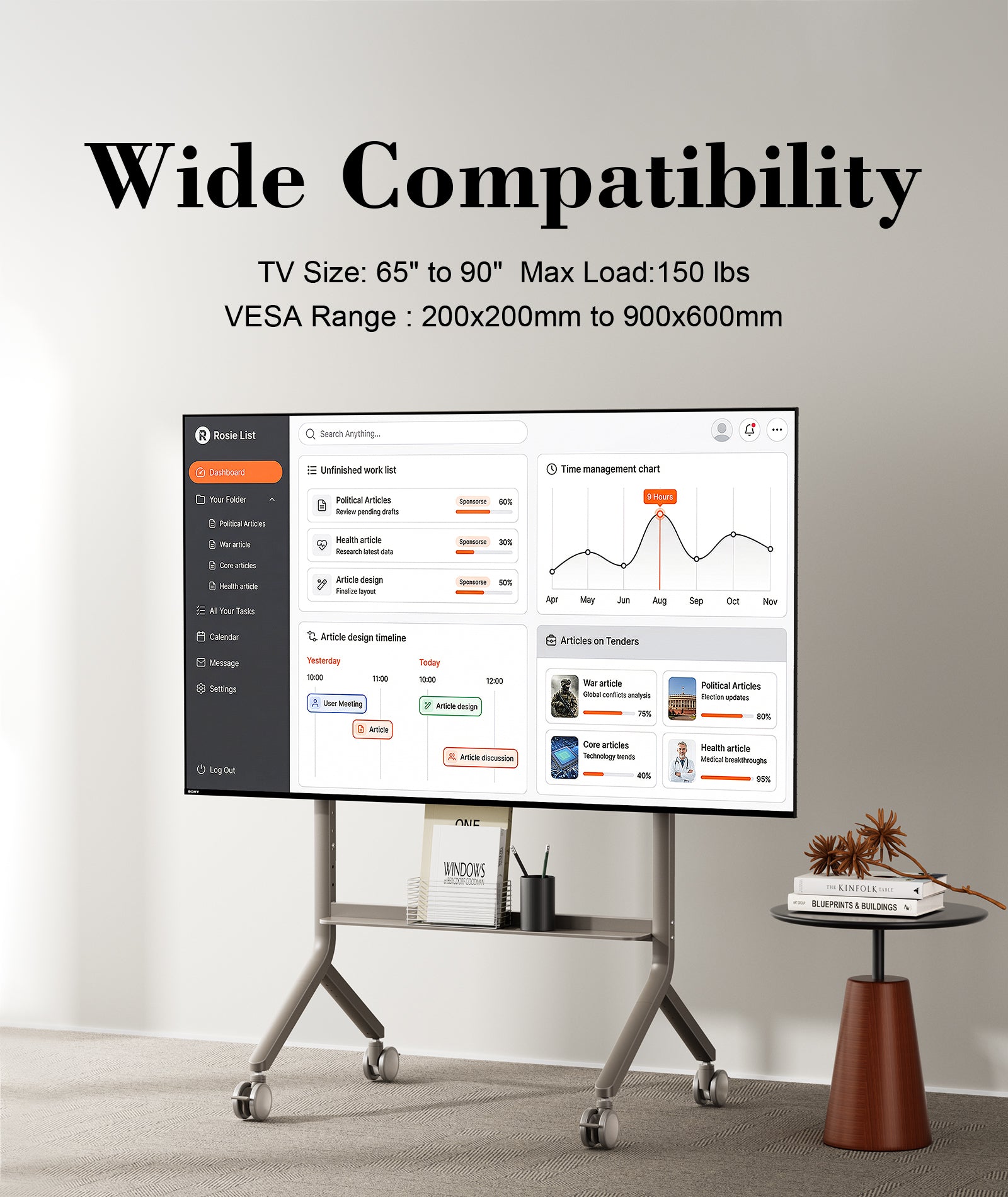 2026 NB P100 Height Adjustable Mobile Cart 65"-90" Large Screen Mobile Stand