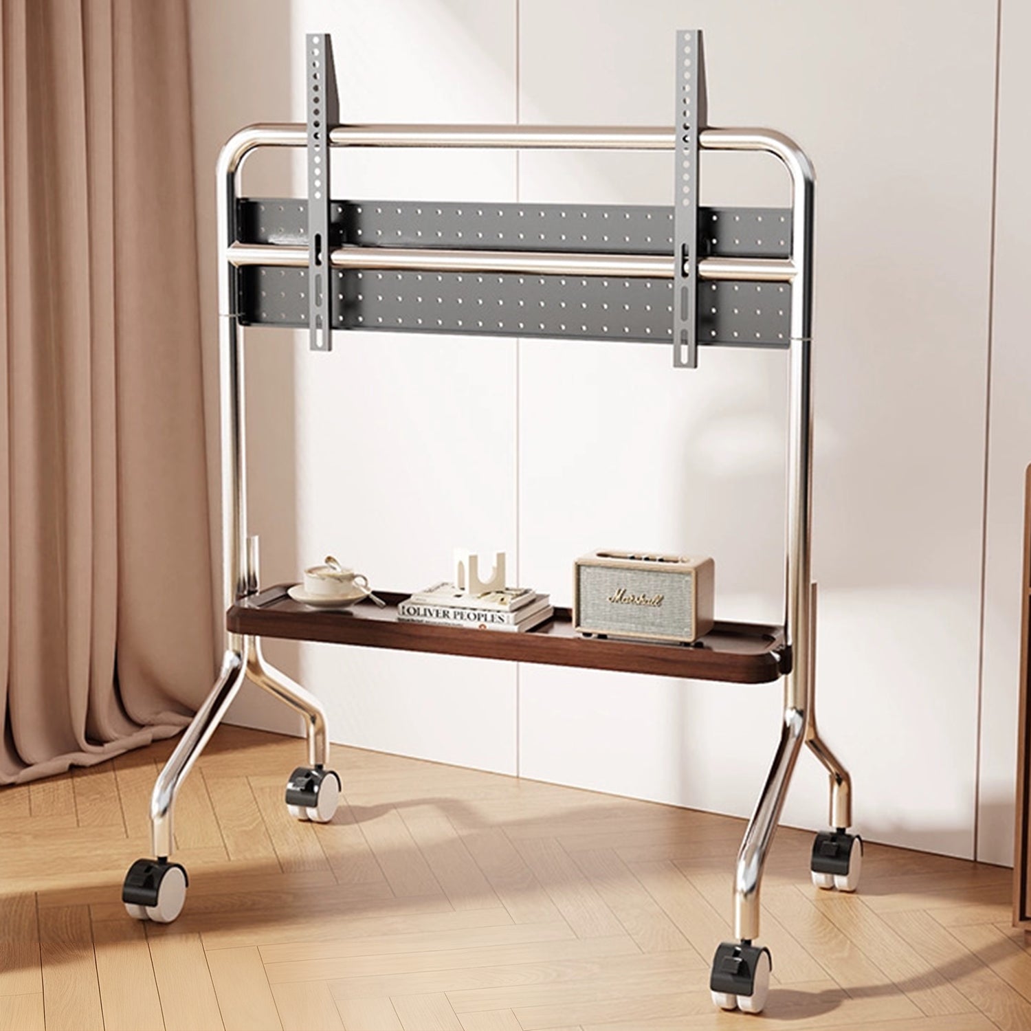 TV TROLLEY stand Stainless Steel with Timber Shelf 32 to 65 inch