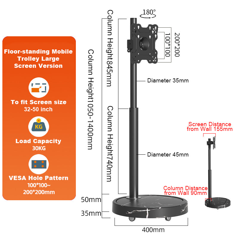 TV Monitor floor mobile stand Mount Bracket black marble base Gas Arm Shelf