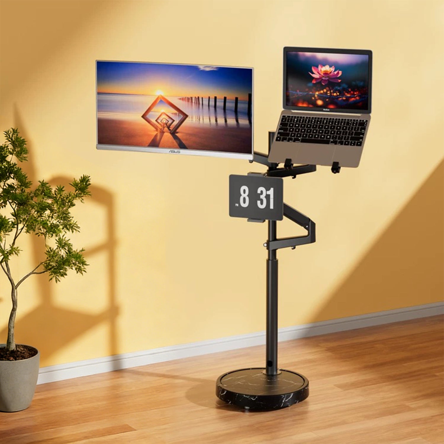 TV Monitor floor mobile stand Mount Bracket black marble base Gas Arm Shelf