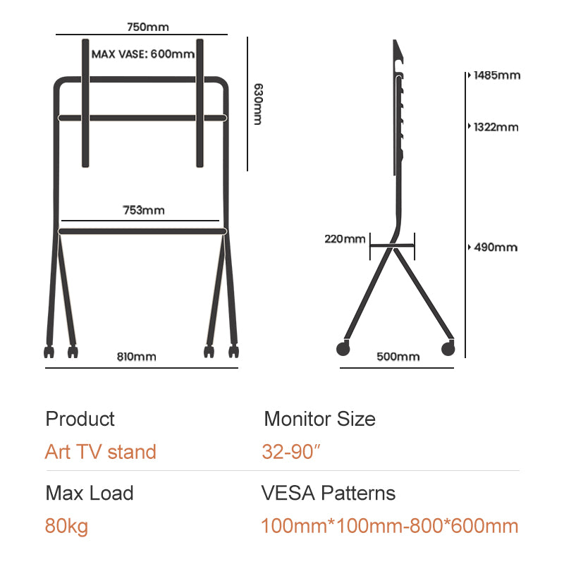 ORIENTED CLASSIC Art Mobile TV Stand Cart Mount Bracket with Wheels 32-90 inch White