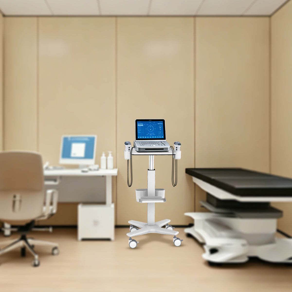 Mobile Medical Laptop Cart, Height‑Adjustable Medical Workstation Trolley with Probe Holders & Storage Bin for Ultrasound, Clinic, Hospital & Dental Use