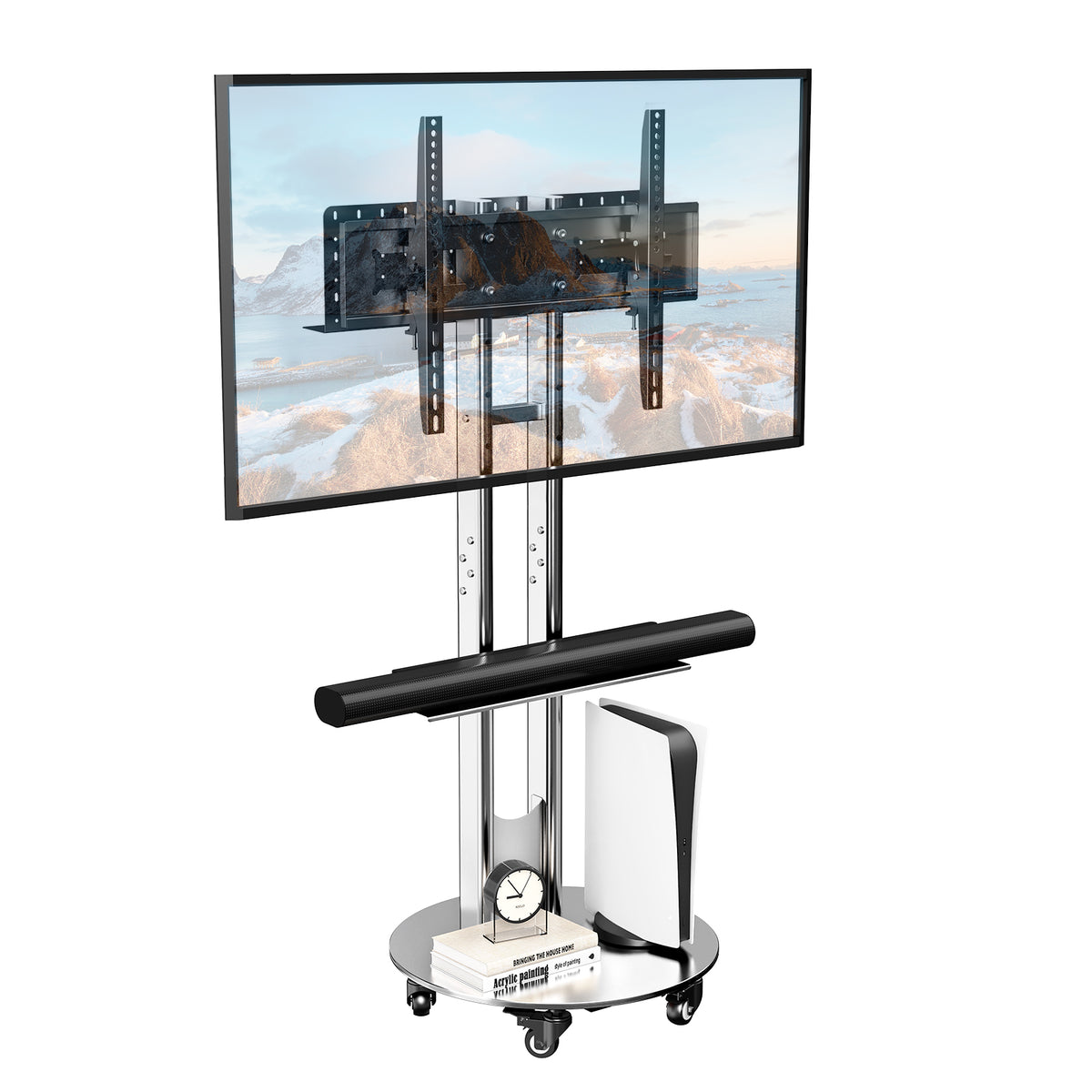 SilverTwin Stainless Steel Mobile Rolling TV Stand Cart with Pegboard Storage for 32-75 Inch TVs