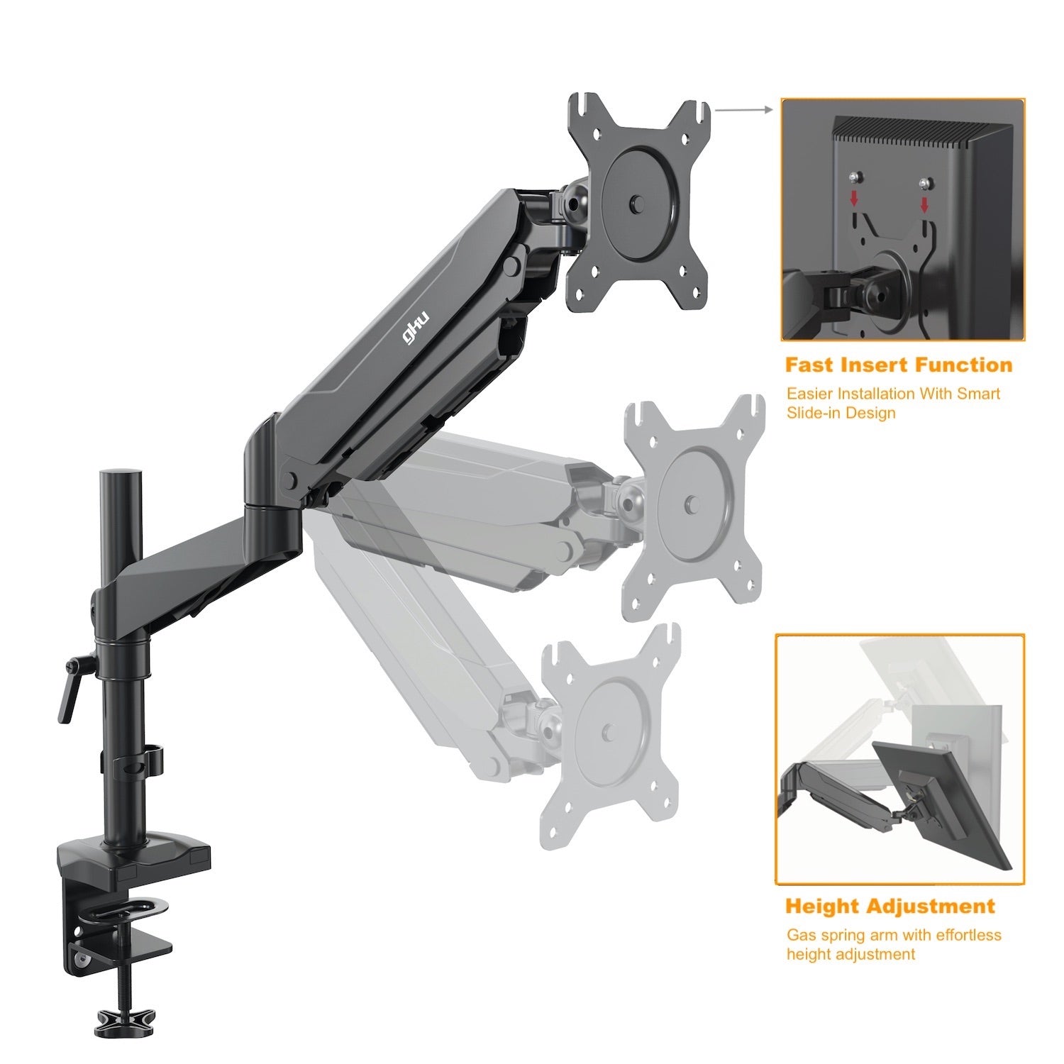 GKU LCD Monitor Desk Mount - ProRiser V1 Gas Spring Fully Adjustable Monitor Arm black