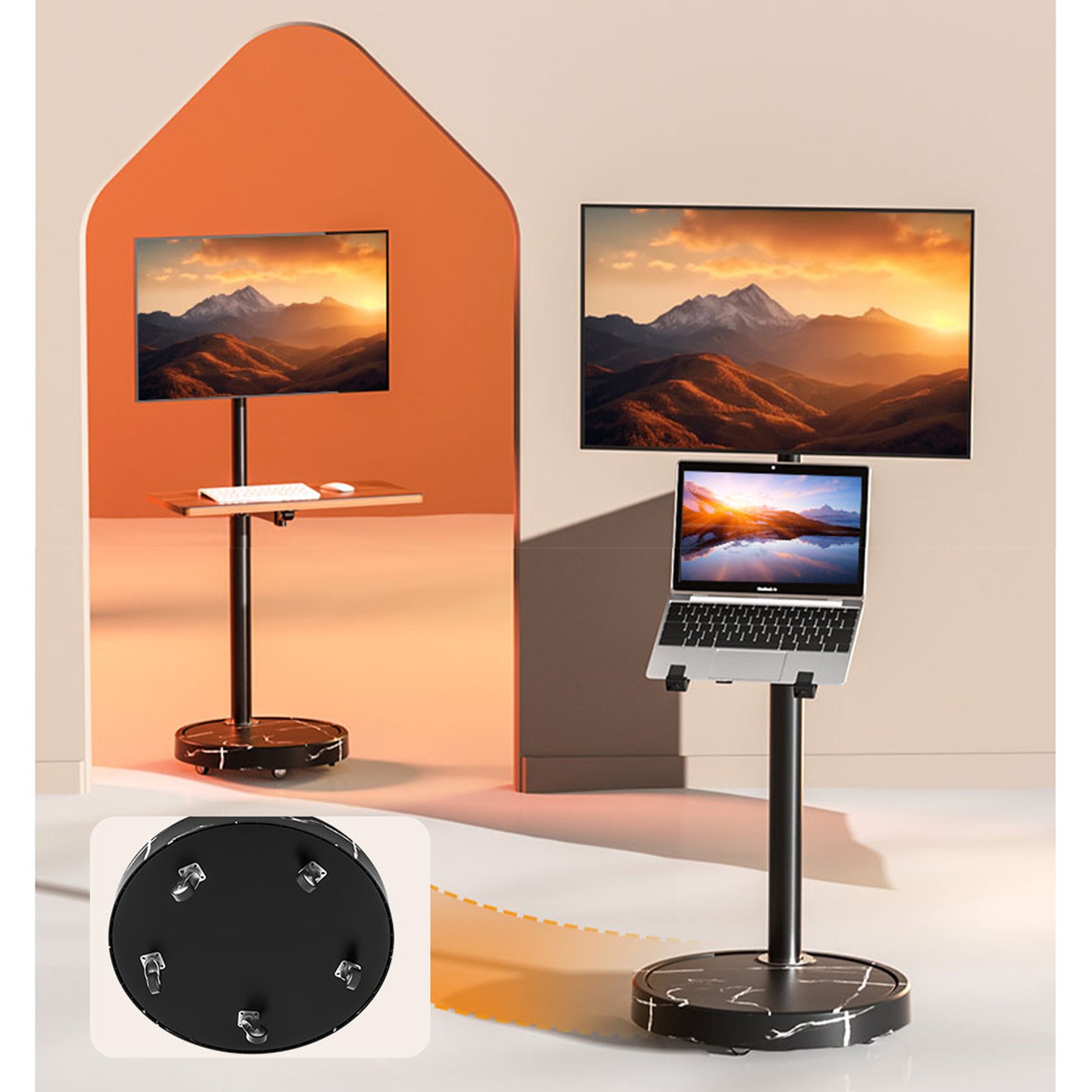 TV Monitor floor mobile stand Mount Bracket black marble base Gas Arm Shelf