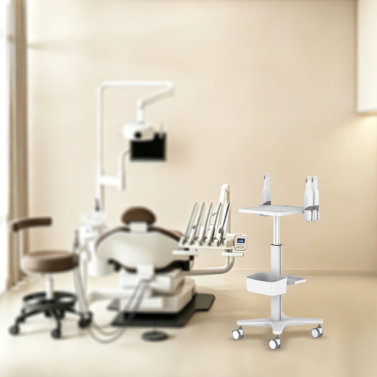 Mobile Medical Laptop Cart, Height‑Adjustable Medical Workstation Trolley with Probe Holders & Storage Bin for Ultrasound, Clinic, Hospital & Dental Use
