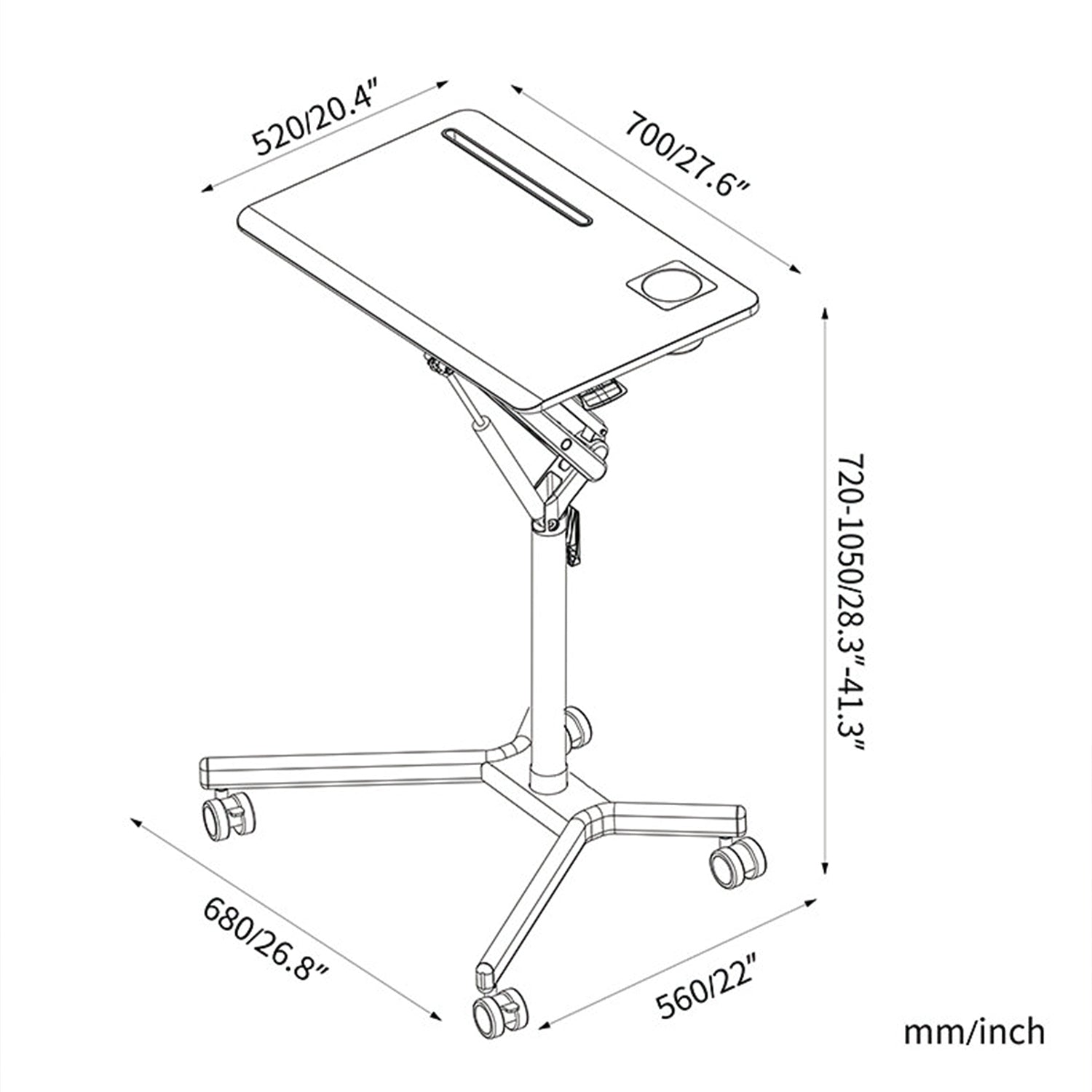 GKU Height Adjustable Mobile Standing Desk with Wheels 700x520mm Sit Stand Desk Laptop Desk for Home Office FDS101B-W