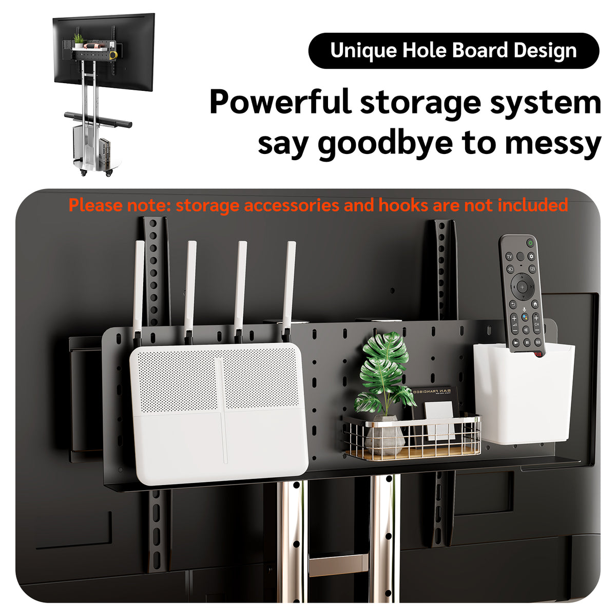 SilverTwin Stainless Steel Mobile Rolling TV Stand Cart with Pegboard Storage for 32-75 Inch TVs