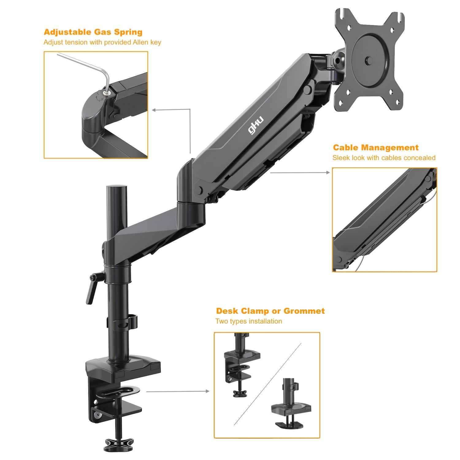 GKU LCD Monitor Desk Mount - ProRiser V1 Gas Spring Fully Adjustable Monitor Arm black