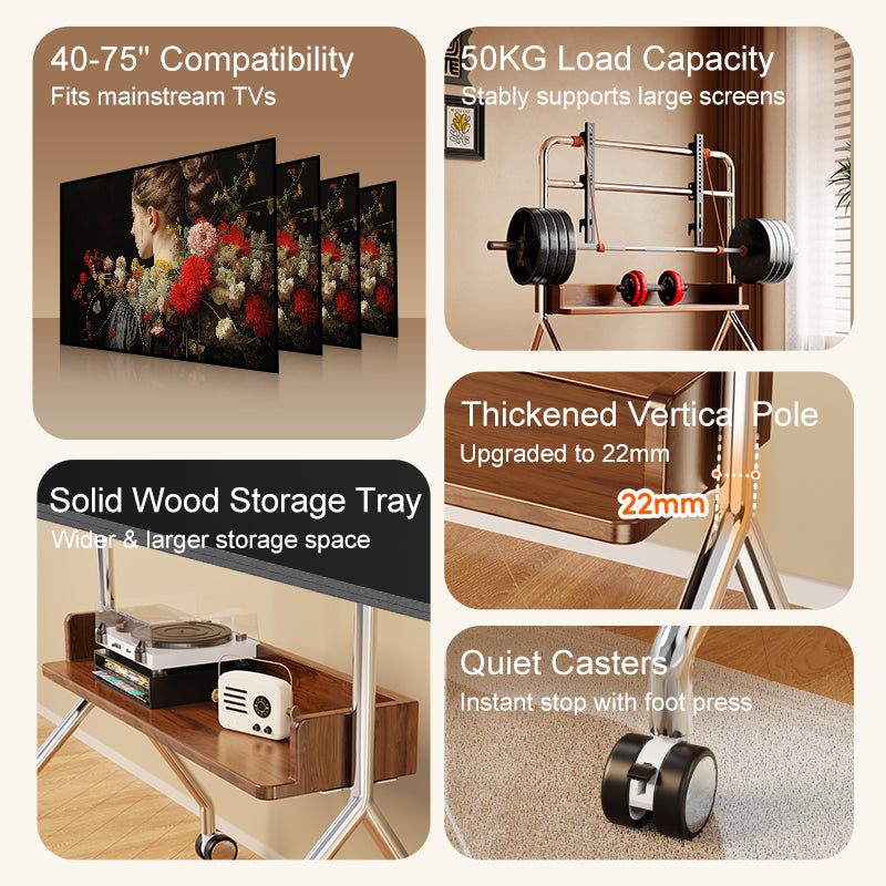 Nomad Solid Mobile TV TROLLEY Stand Mount Bracket Stainless Steel with Timber Shelf 32 to 75 inch