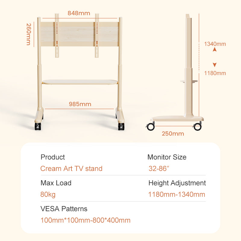 Cream Art Mobile TV Stand Trolley Mount Bracket 32-86 inch
