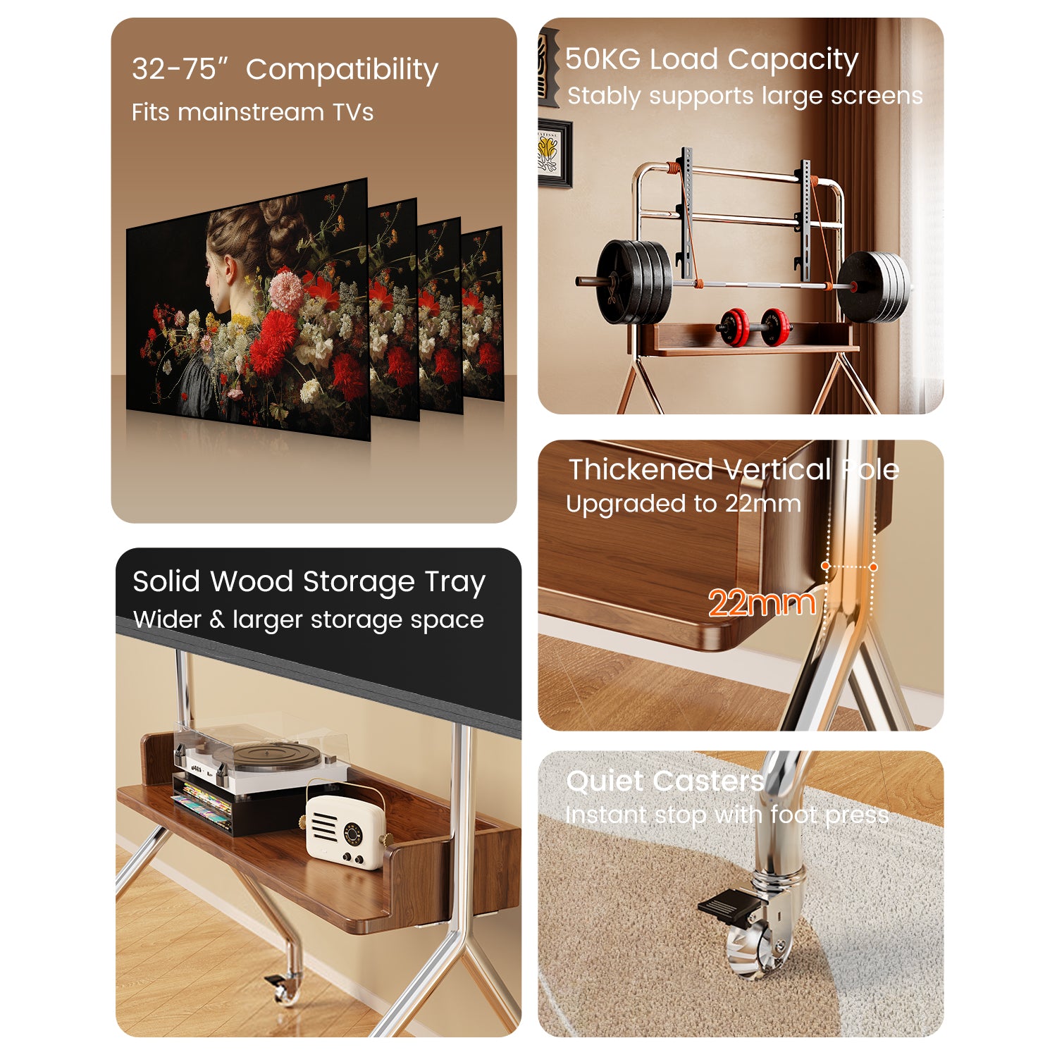 Nomad Solid Mobile TV TROLLEY Stand Mount Bracket Stainless Steel with Timber Shelf 32 to 75 inch