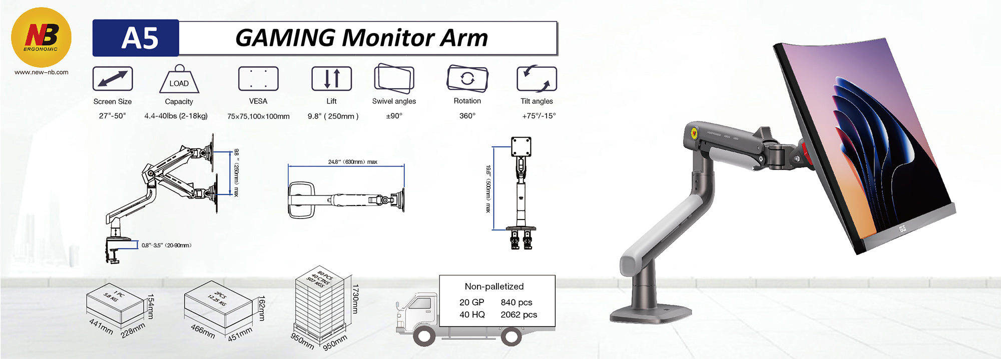 Flat Ultrawide Curved Monitors Bracket Gaming Monitor Arm VESA Mount A5