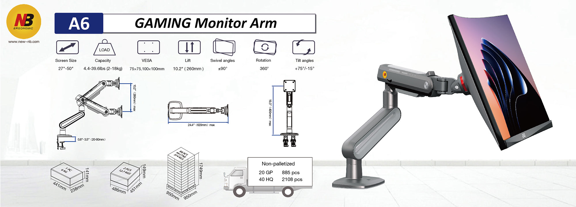 Gaming Monitor Arm – 27″–50″ Curved Screen (holds 18 kg) A6