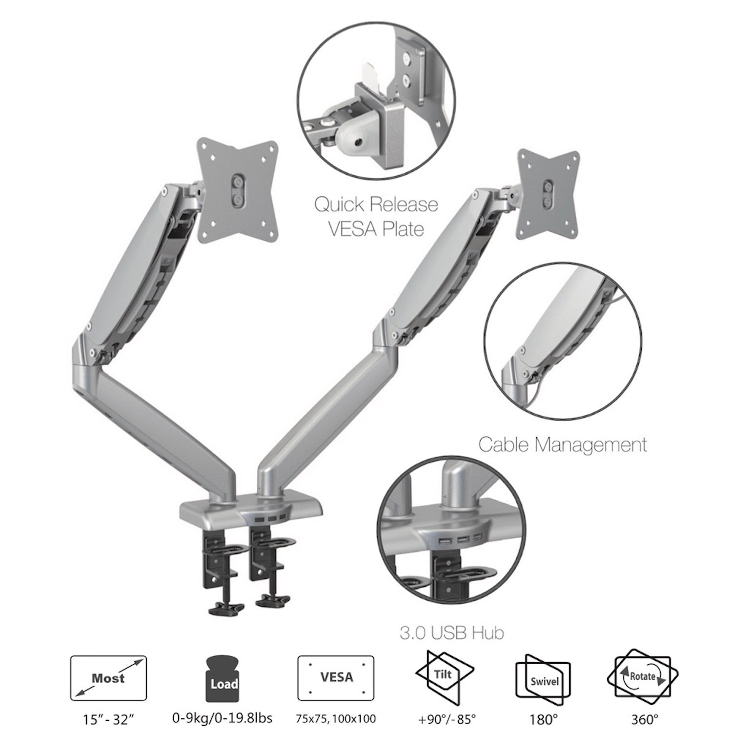 GKU Dual Monitor Desk Mount Arm With USB 3.0- ProRiser Gas Spring Monitor Stand