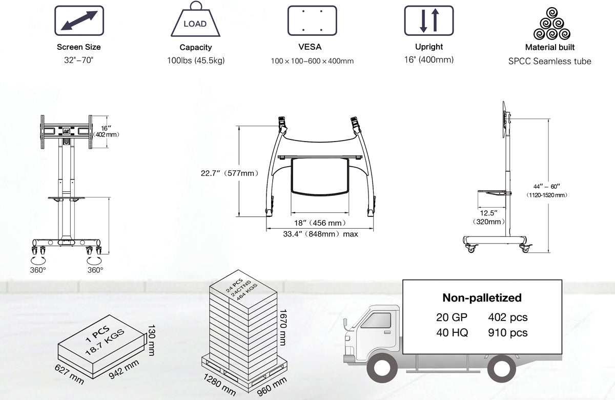 Steel TV Mobile Cart: AVA1500-60-1P Black