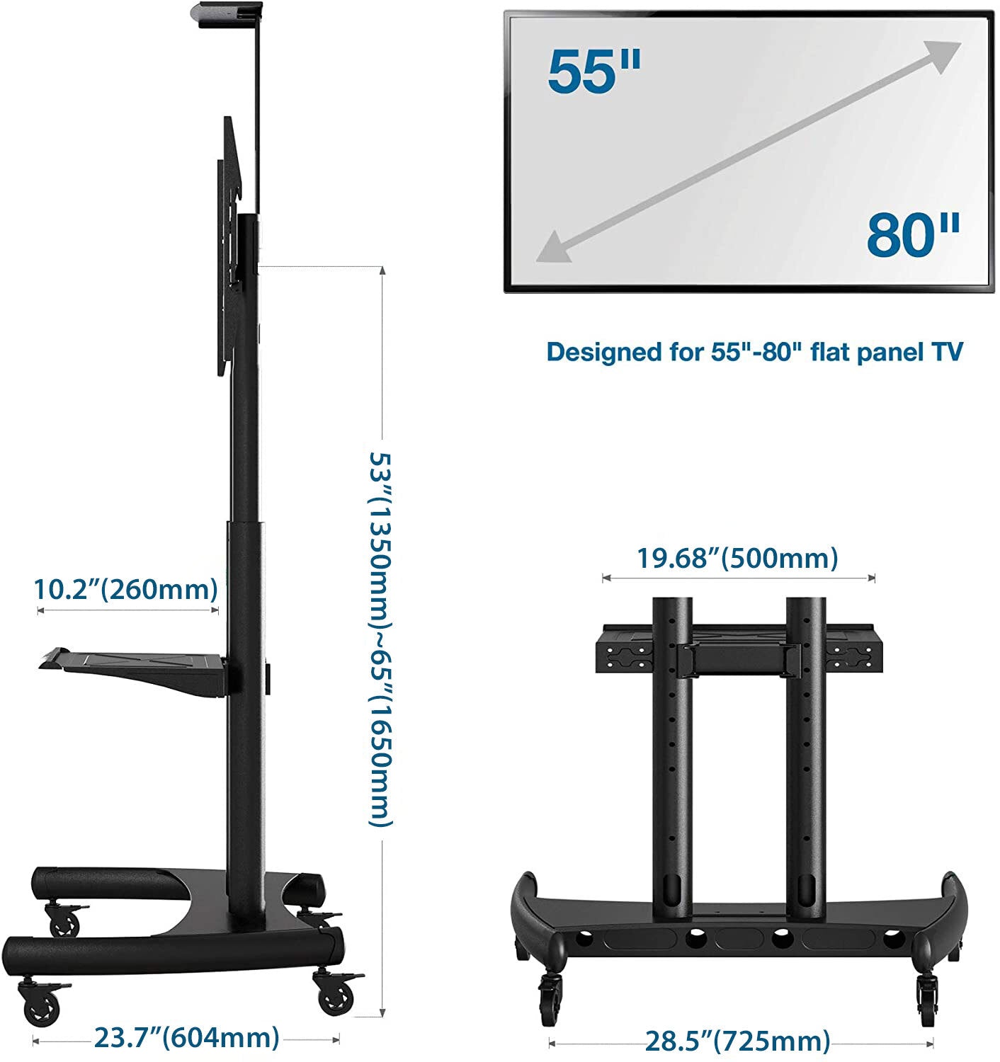 Heavy Duty Mobile TV Cart AVA1800-70-1P - 90kg capacity- Black Steel