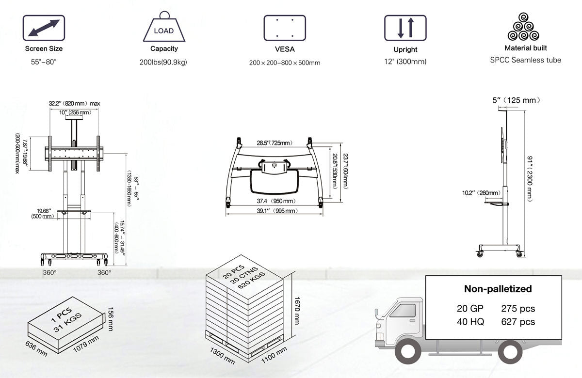 Heavy Duty Mobile TV Cart AVA1800-70-1P - 90kg capacity- Black Steel