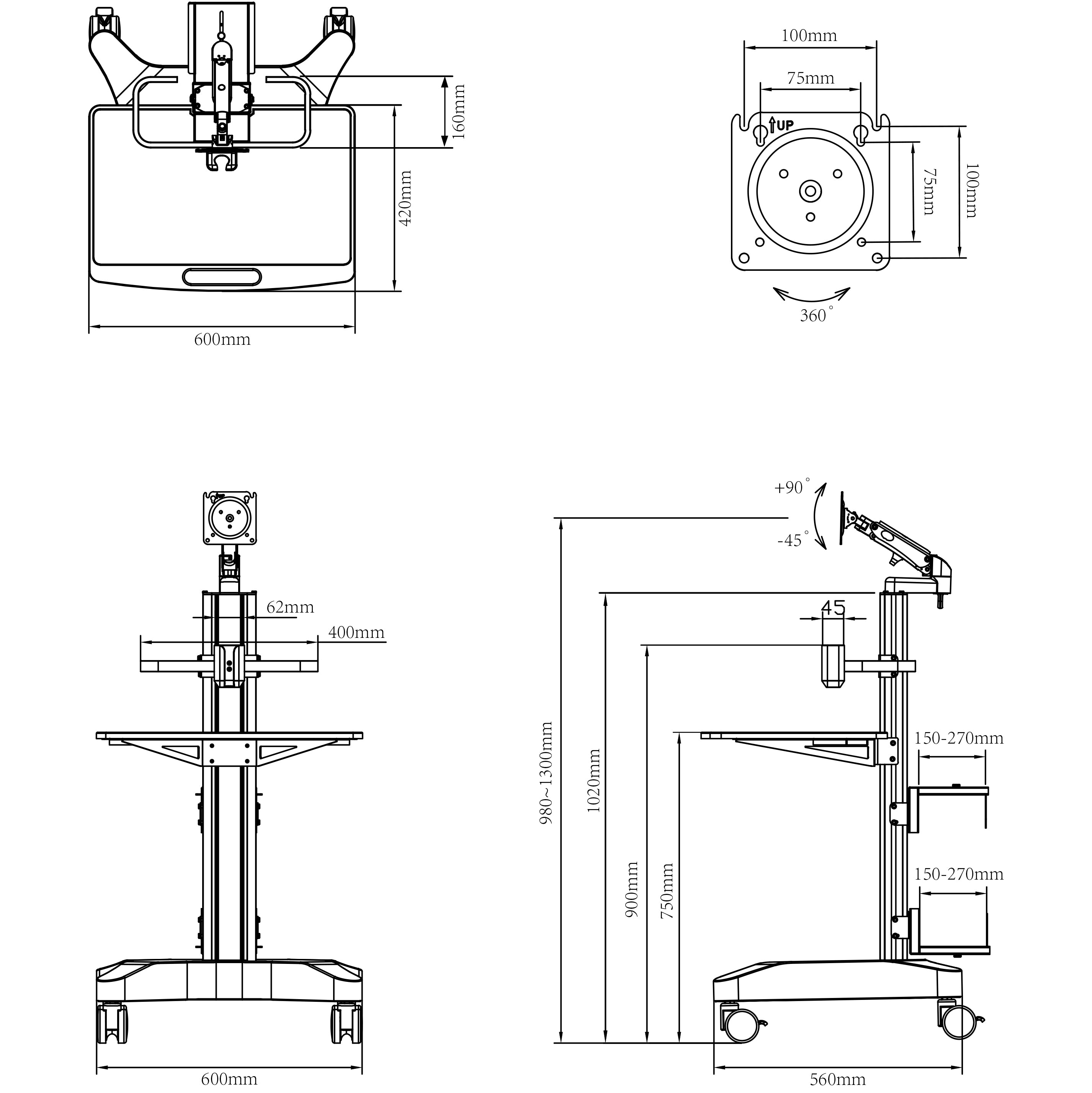 Clinic Mobile Computer Work station Cpu Monitor Cart 1150mm