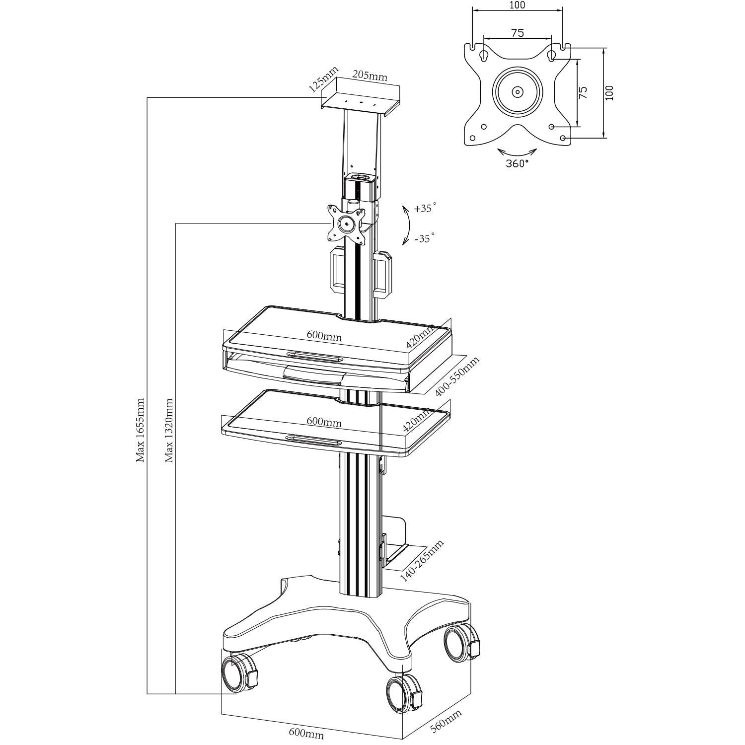 Clinic Medical Mobile Computer Work station Cpu Monitor Cart 1655mm