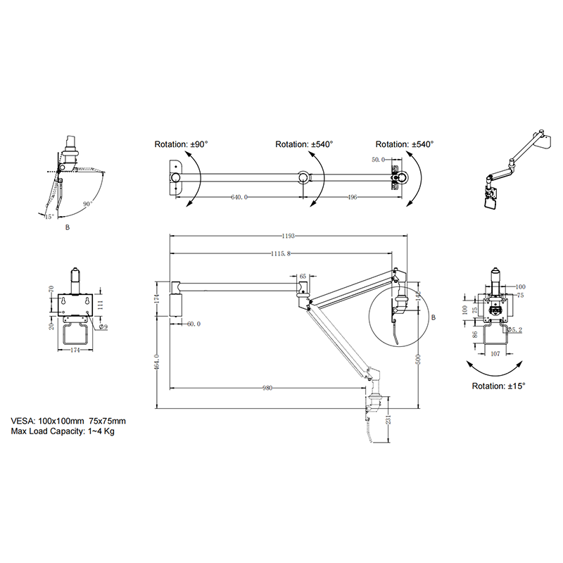 Medical mornitor wall mount 1190mm rech