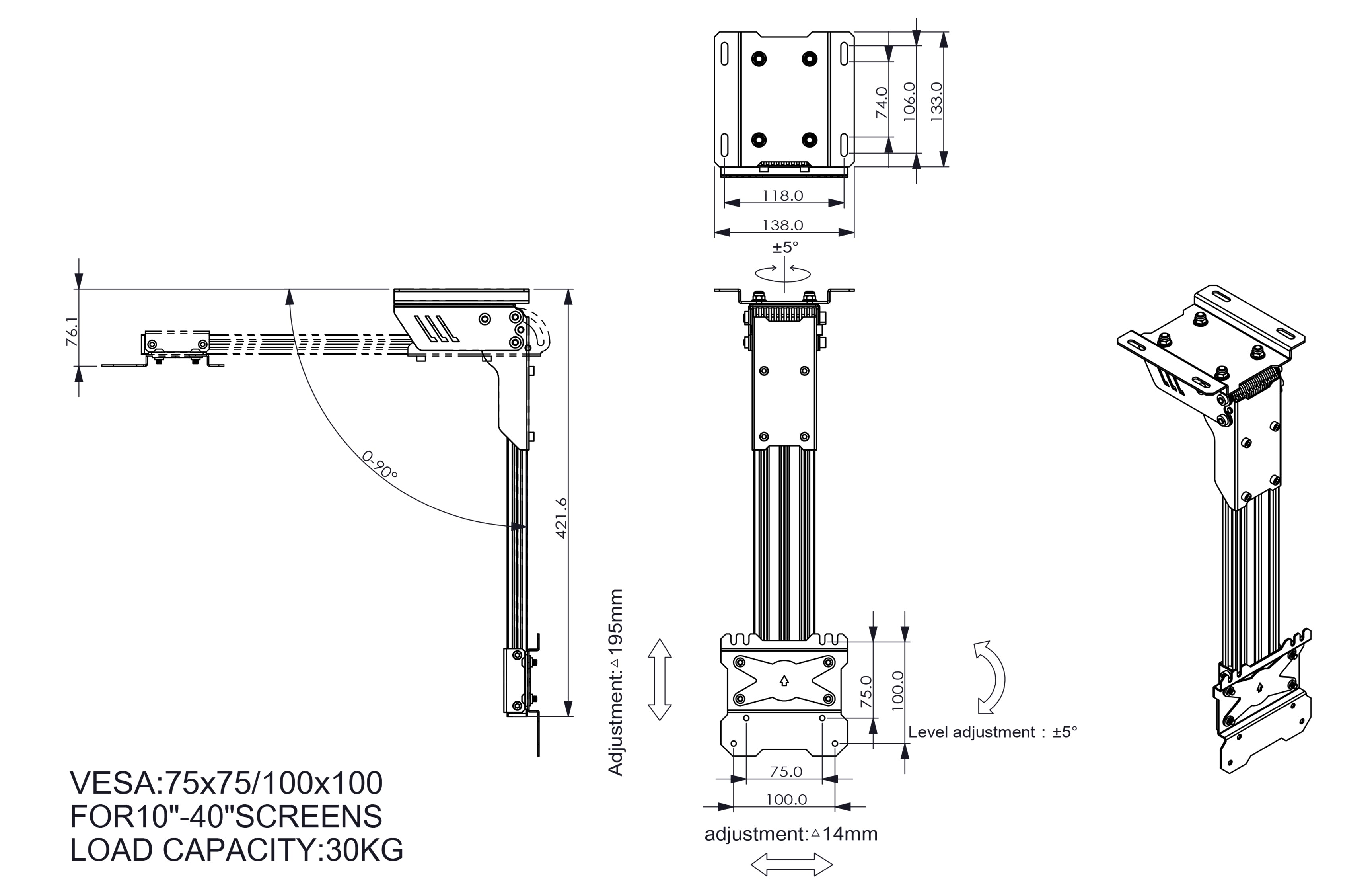 Adjustable Angle Ceiling Tv mount Flat to Vertical CTM1 10-40 inch