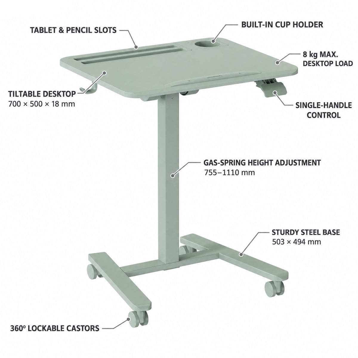 online GKU Tiltable Height Adjustable Mobile Sit Stand Desk Wheely 700x500mm green