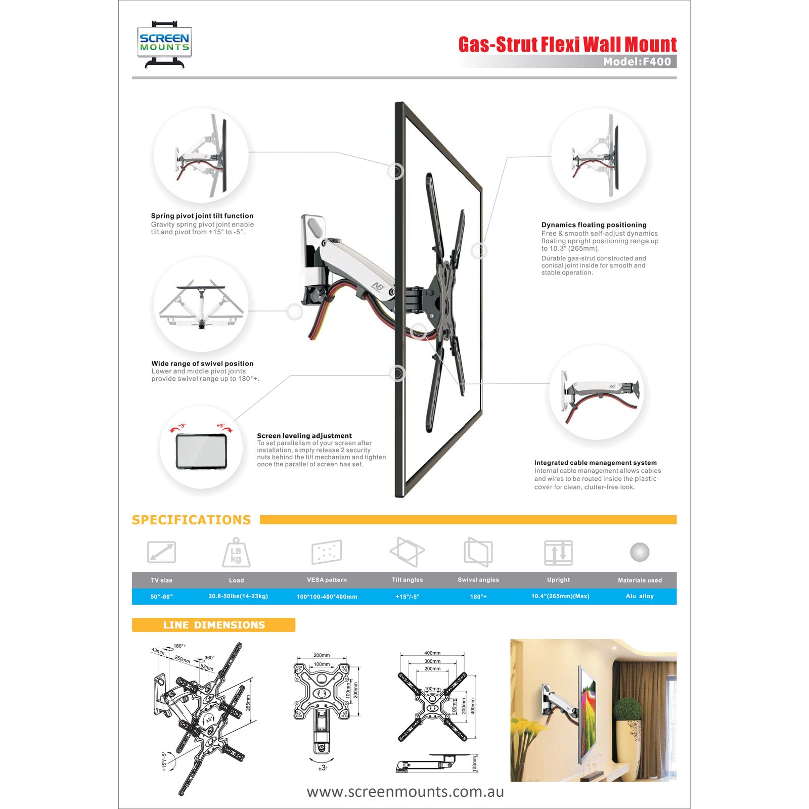 Commercial TV Wall Mount Gas Strut 14-23kg BlackF400