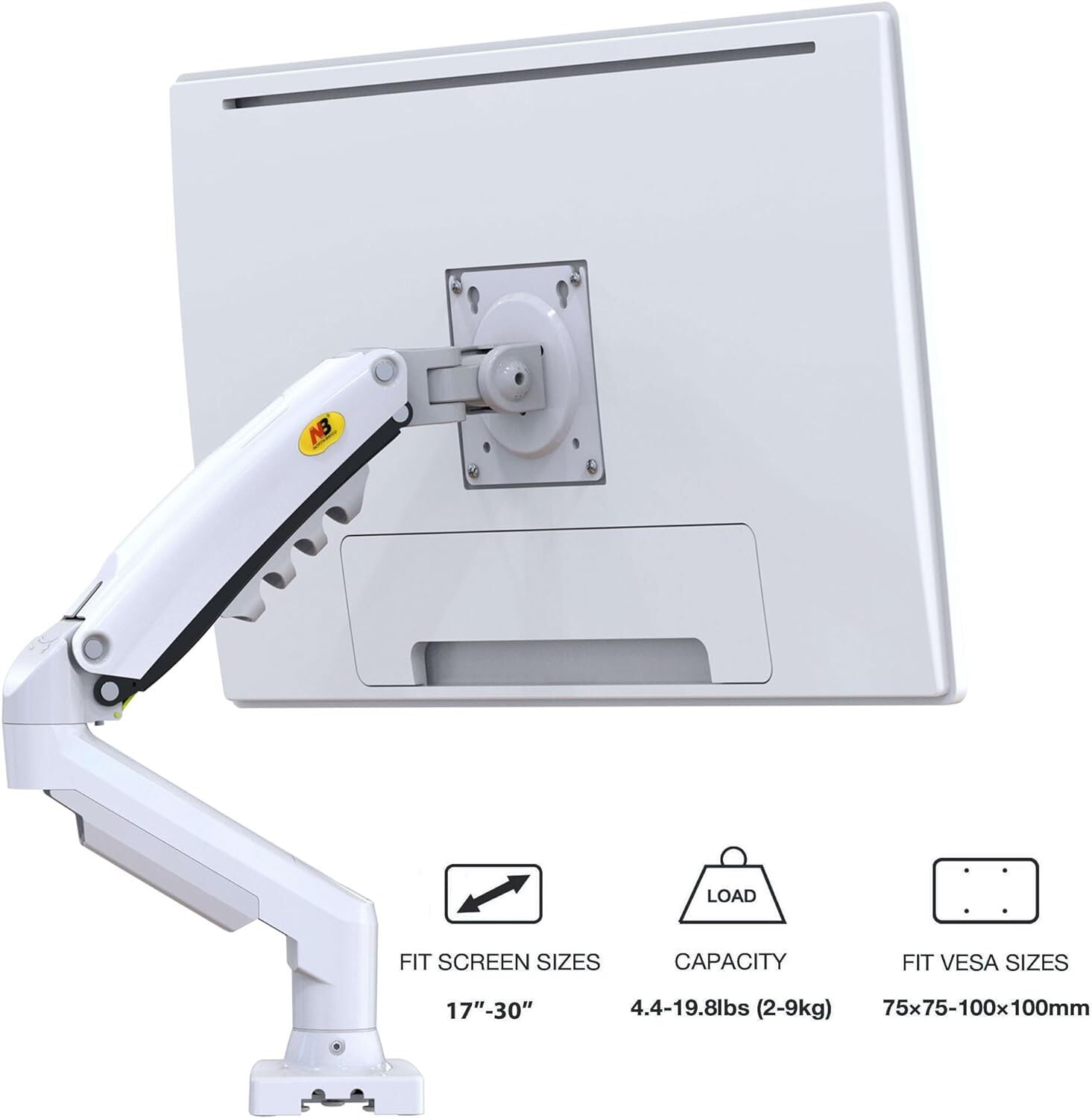 White Gas Lift Monitor Arm for 17-30" Screens VESA 75/100 F80-W AU Stock