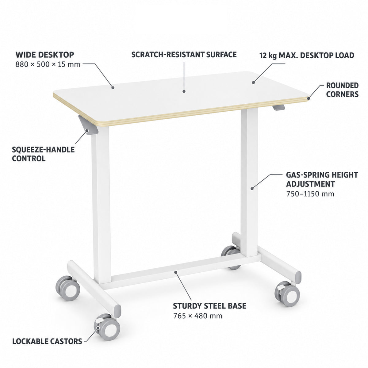 ONLINE Height Adjustable Mobile Sit Stand Desk Rolling Workstation with Lockable Wheely 880x500mm FC101WW
