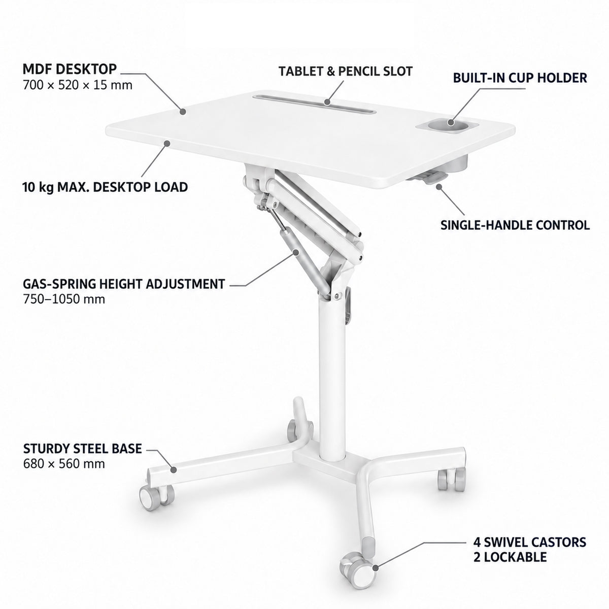 GKU Height Adjustable Mobile Standing Desk with Wheely 700x520mm Sit Stand Desk Laptop Desk for Home Office FDS101B-W