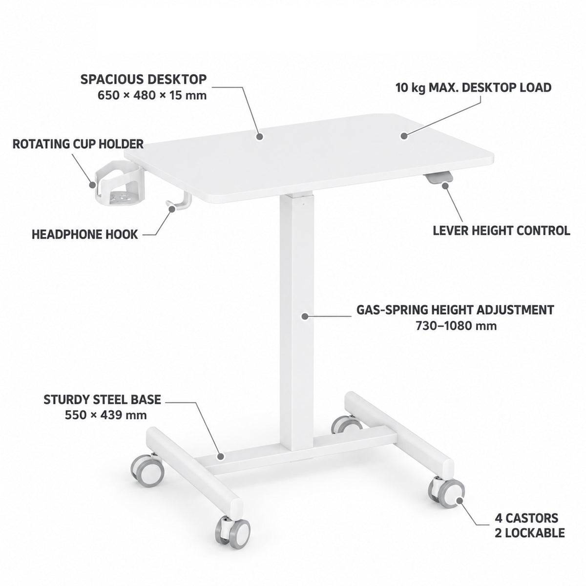 GKU Height Adjustable Mobile Standing Desk with Wheely & Cup Holder 650x480mm F047-FDS106B-A2
