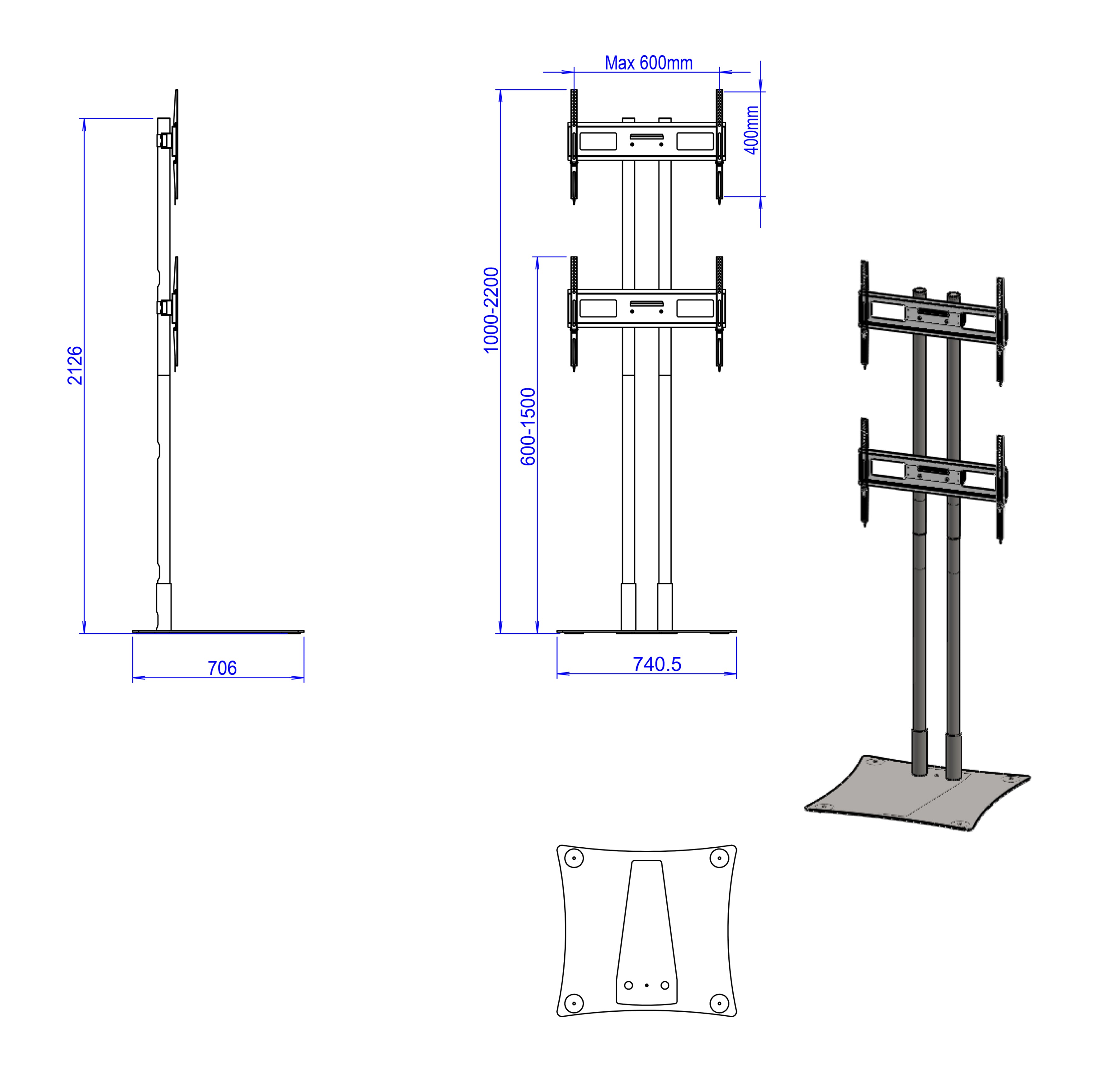 Vertical dual tv display stand adjustable height