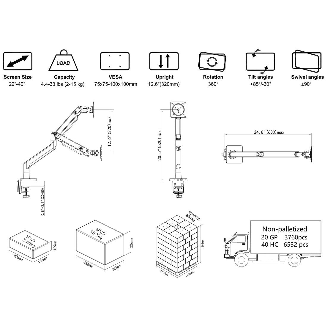NB Full Motion Gas Swivel Mount for 22”-40” Monitors G40