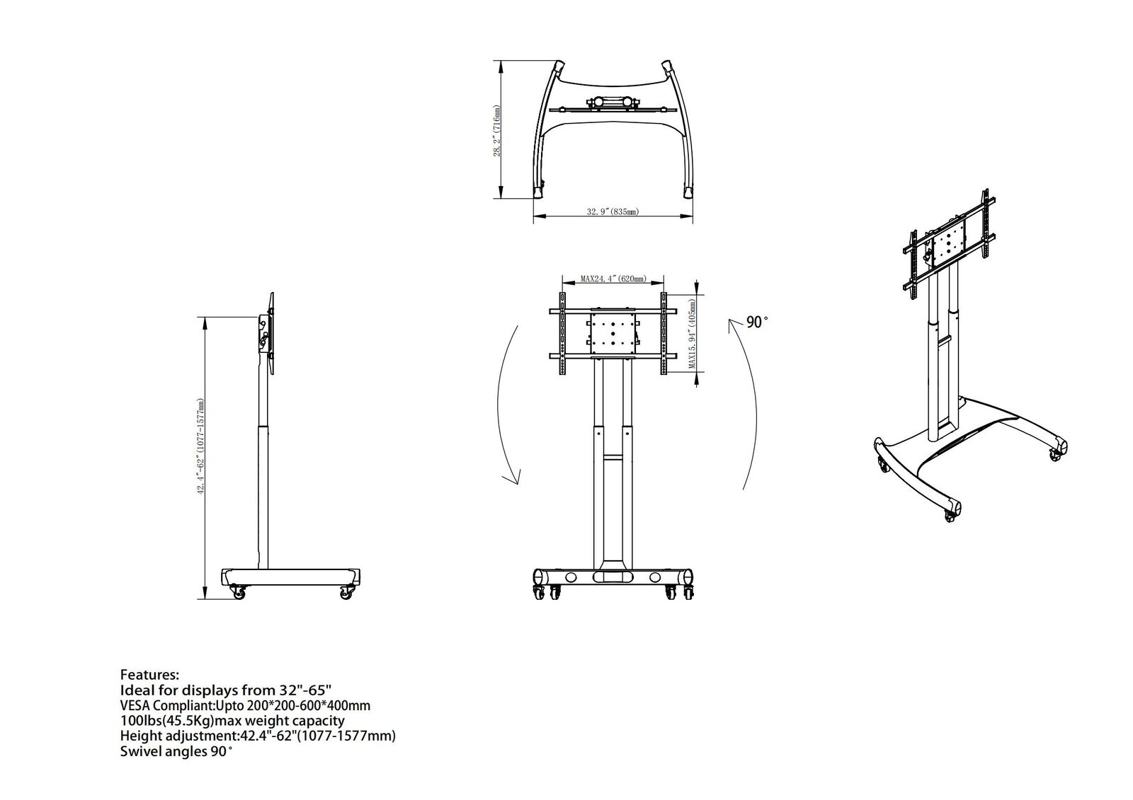 ROTATABLE TV TROLLEY STAND LANDSCAPE / PORTRAIT 32"-70"
