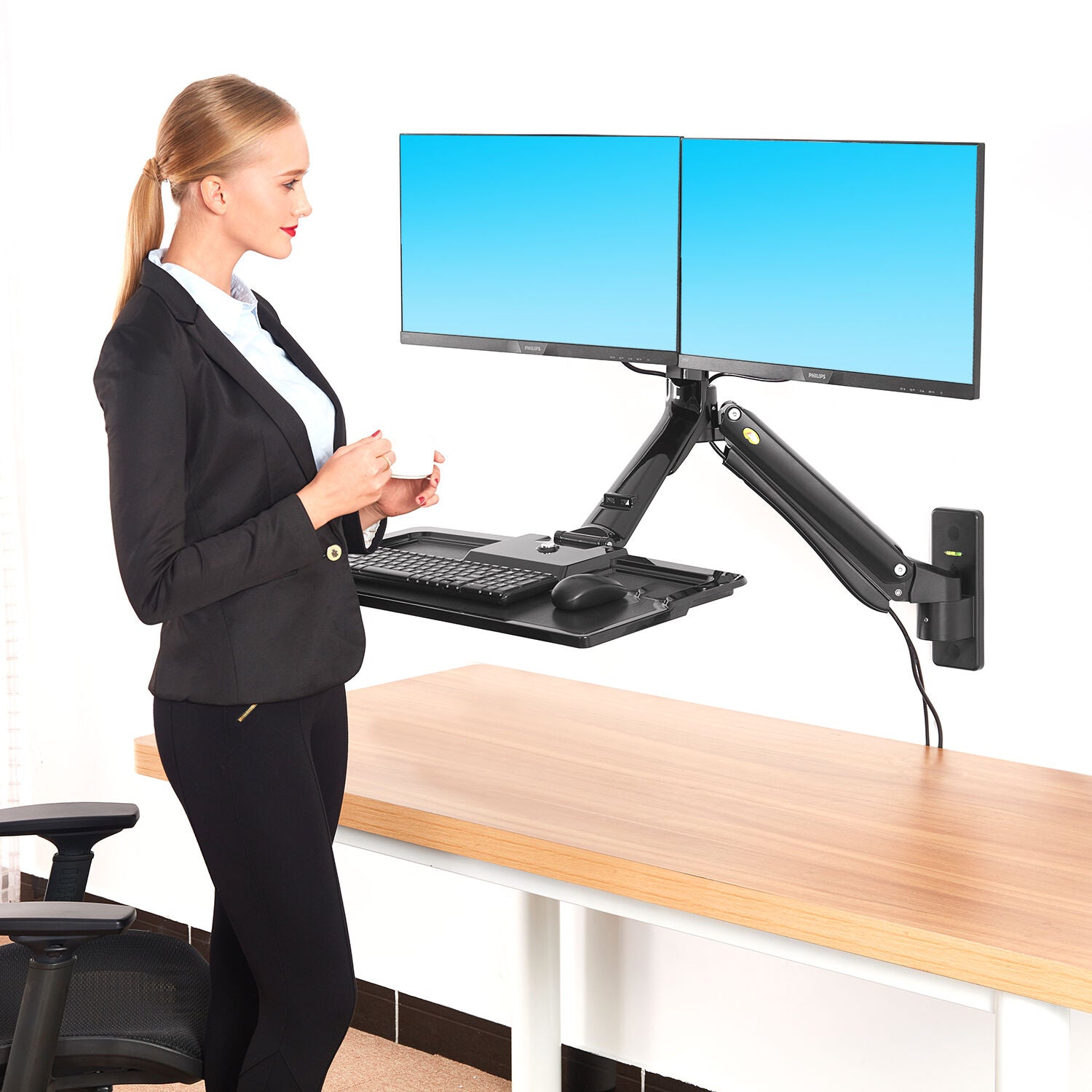 Fits 22"-27" Monitors.NB MC40-2A-B Dual Monitor Wall Mount with Keyboard Tray Black