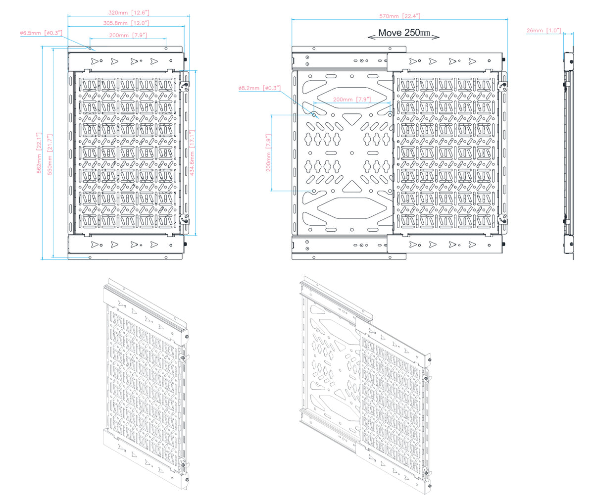 Sliding Media Device Storage Panel Wall Mount – 250mm Travel | MTESP01