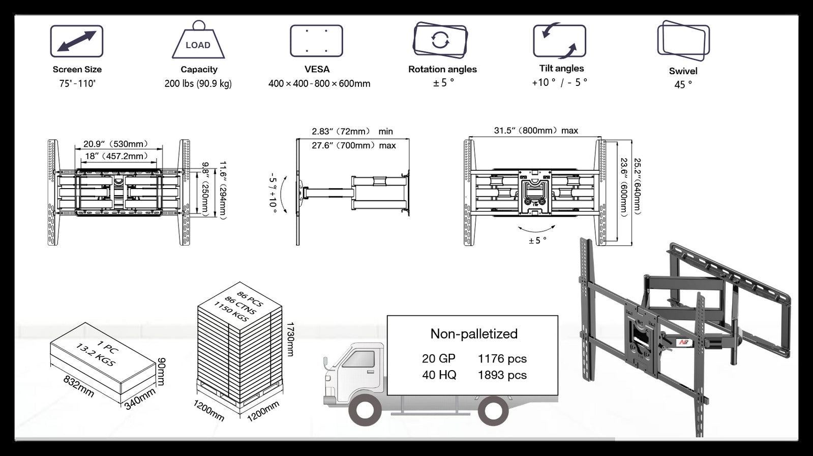 NB Heavy Duty Cantilever Wall Mount for LED TVs up to 90kg NBSP5