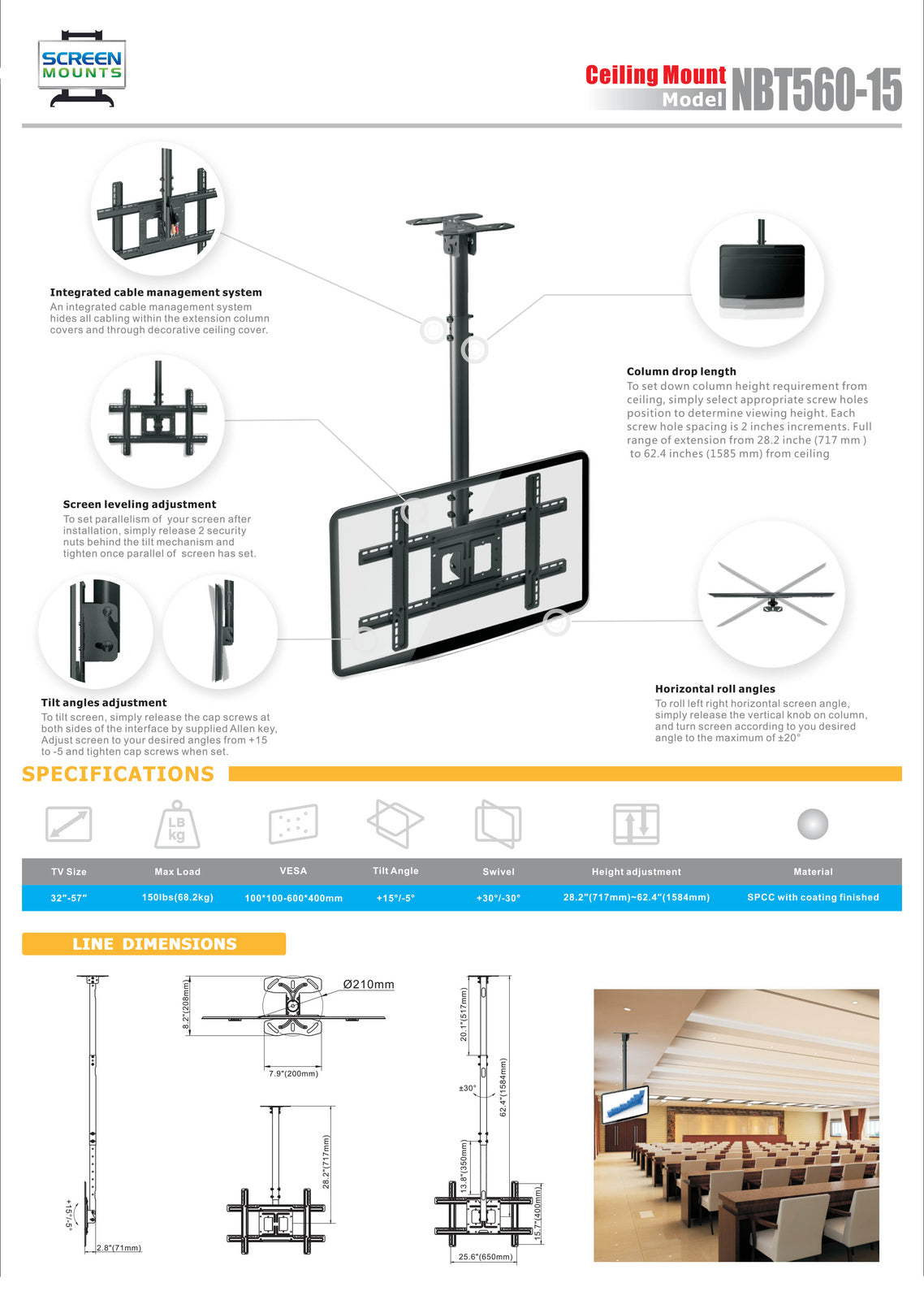 NBT560-15 Steel Ceiling Mount with Tilt, Pivot and Height Adjustment 68kg