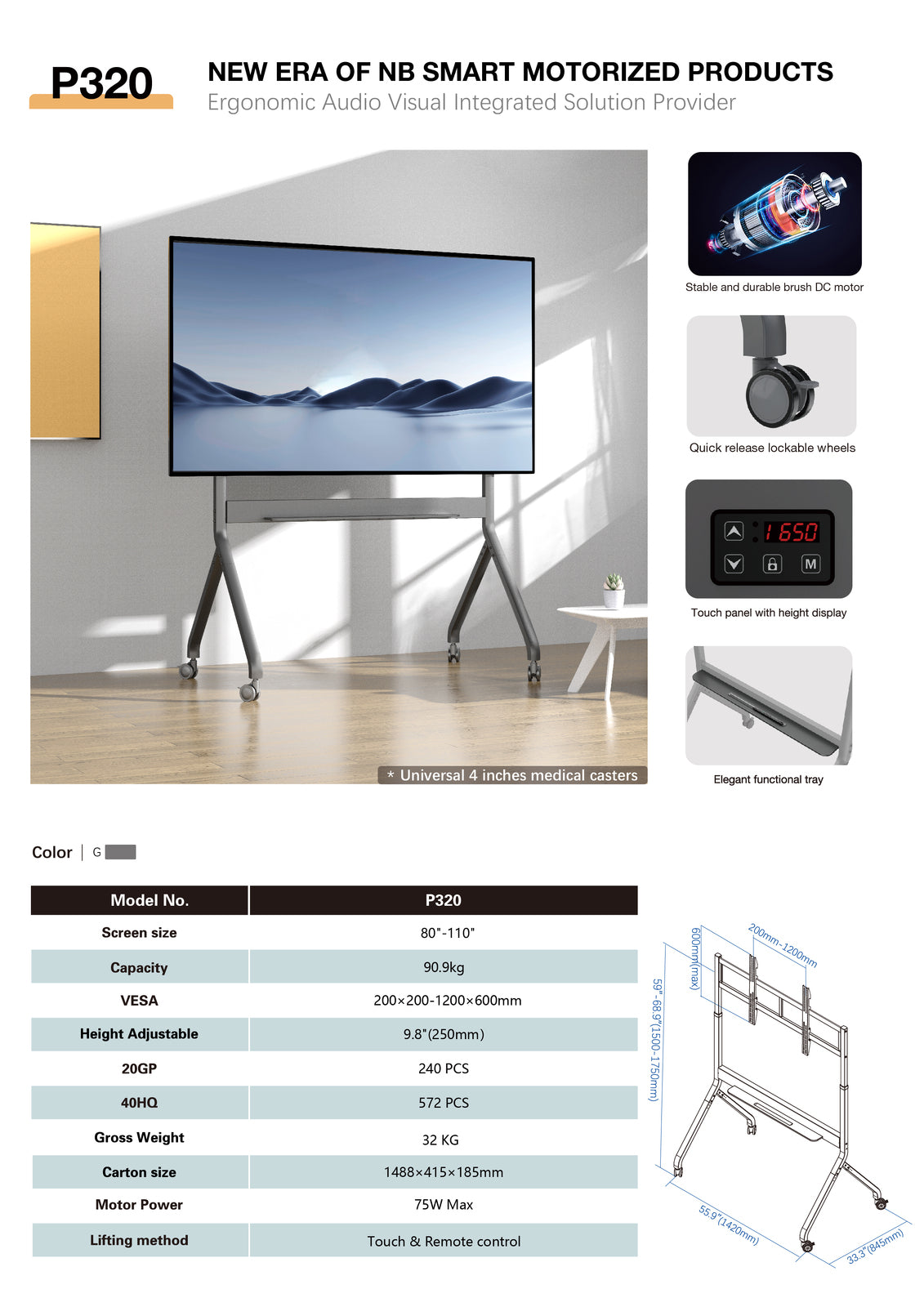 Heavy Duty Electric Height Adjustable TV Trolley Mount for 80-110 Inch Screens P320