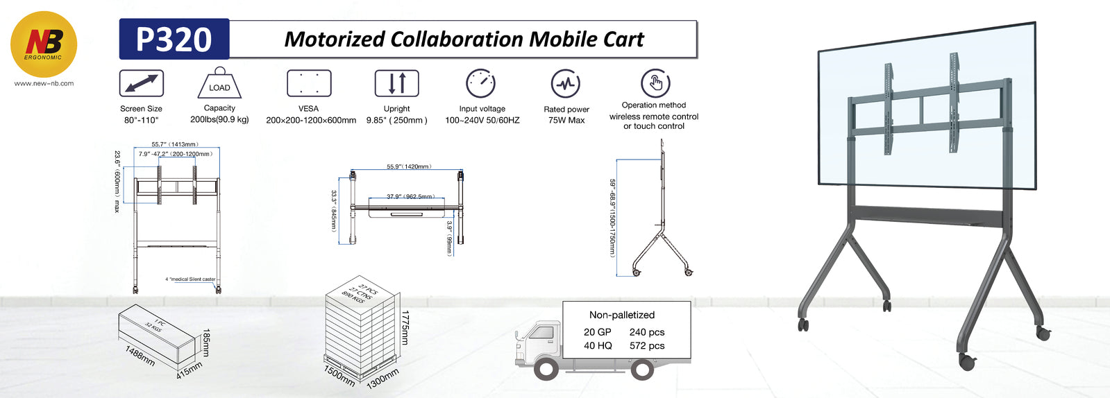 Heavy Duty Electric Height Adjustable Mobile TV Trolley Mount Stand for 80-110 Inch Screens P320