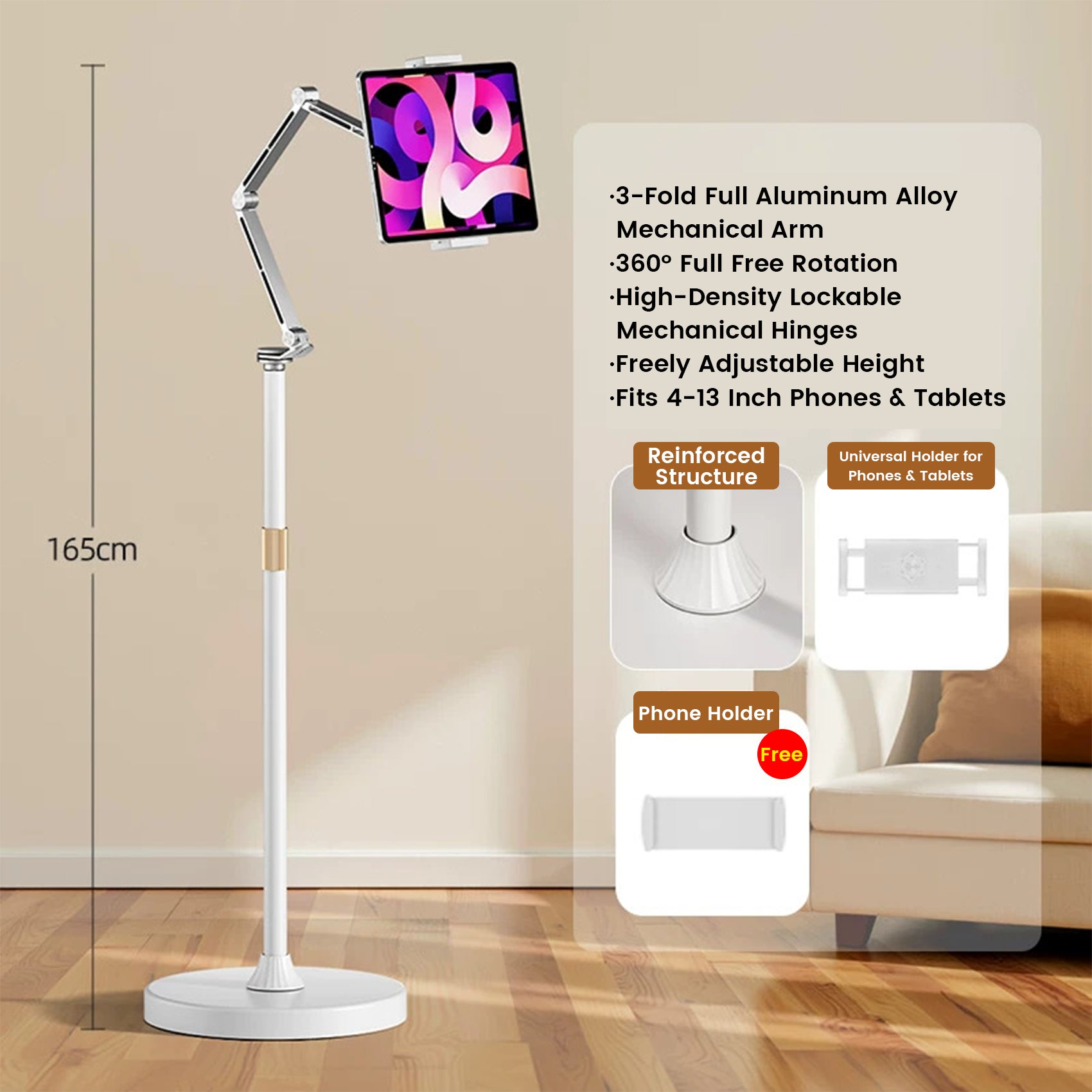 Aluminum Floor Tablet & Phone Holder Stand Mechanical Arm 360° Rotating