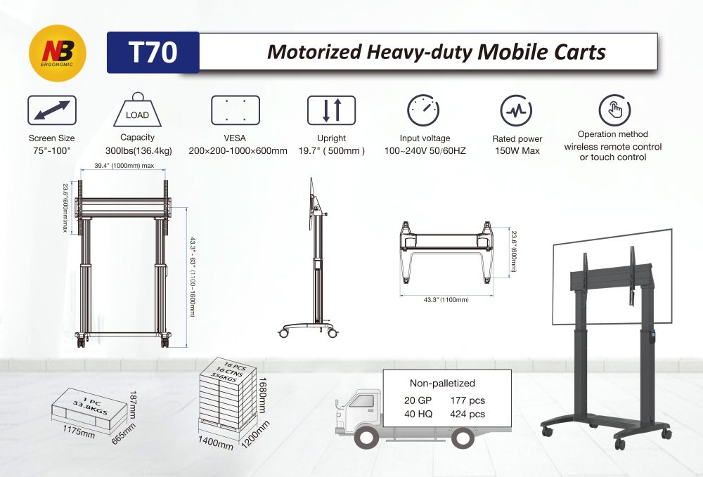 NB T70 Electric Mobile TV Stand Cart Mount Bracket For Touch panels to 136kg