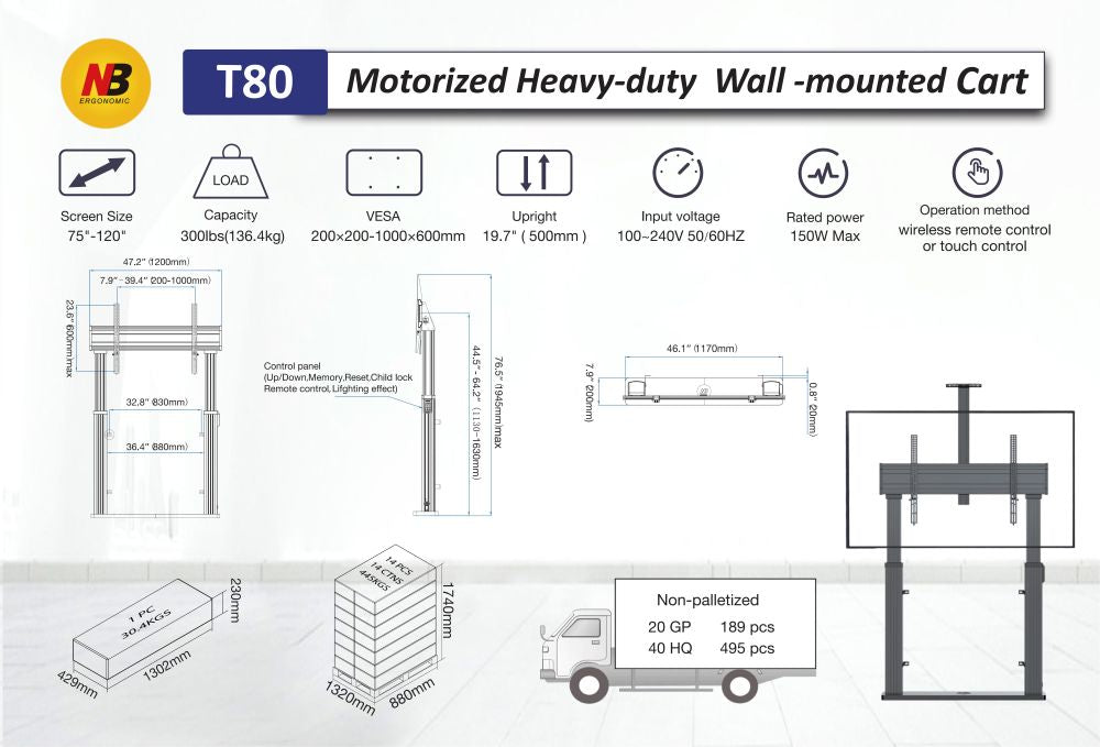 NB HD Motorised Wall Mount for Touch panels to 136kg Fits 65" - 100" Screen T80