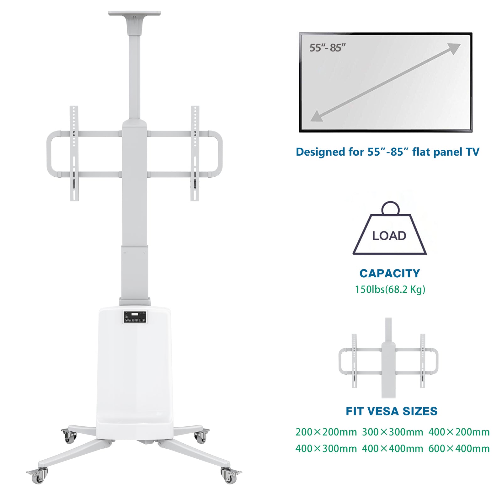 Mobile TV Stand Mount Bracket TW85 - Electric Height Adjustment 68kg capacity